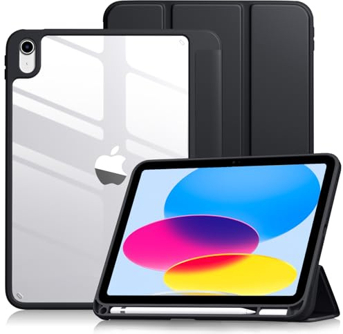 Vobafe Case for iPad A16 11th Generation 11 Inch 2025/iPad 10th 10.9 2022 | with Pencil Holder, PC Clear Hard Back Cover, Slim Trifold Stand Case Support Touch ID, Auto Wake/Sleep, Black