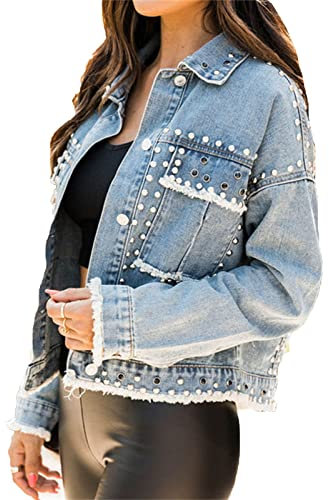 MANYMANY Jeansjacke mit Nieten für Damen in Waschung mit Button-Down-Motorrad-Jeansjacke Blaue Jeans-Crop-Jacke