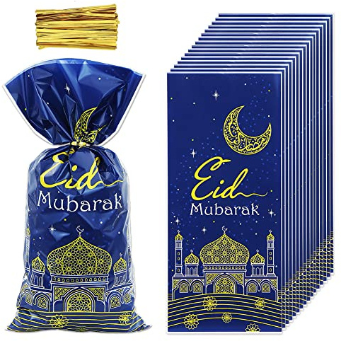 Ramadan Eid Mubarak Geschenktüten mit Drehbändern, 100 Stück blaugoldene Eid-Party-Cellophan-Leckereien-Tüten Castle Moon Star Goodie Cookie-Tüten für den muslimischen Islam Eid Iftar Bags