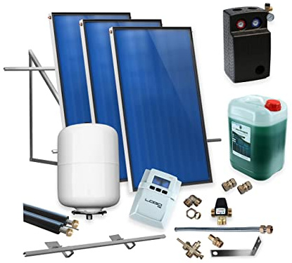 SUNEX® Solarthermie Komplett | Solaranlage | Solarpaket | 3x Kollektoren AMX 2.0 + Aufdachmontageset + 25m Doppelrohr + Solarregler PWM + Pumpengruppe + Ausdehnungsgefäß + 10L Solarflüssigkeit