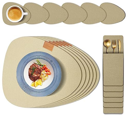 Tischsets Abwaschbar Platzsets aus Filz 18er Set, shinfly Tischsets Abwischbar Rund, Hitzebeständig rutschfest Platzdeckchen mit Untersetzer, BestecksäCken für Küche, Speisetisch 【Hellgelb】