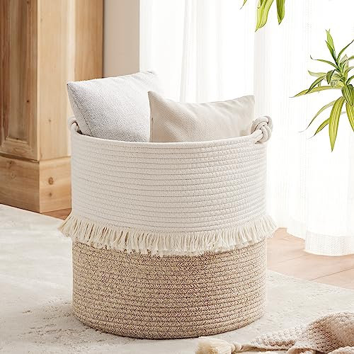 YOUDENOVA Panier à linge en corde de coton - Panier de rangement - Décoration bohème - Tressé - Avec poignées - Panier de rangement pour chambre d'enfant - 40 x 43 cm - Marron