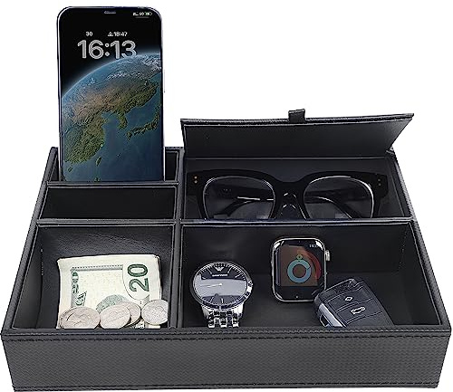 Zcaukya Men's Valet Tray, Jewelry Box Nightstand Organizer with 5 Compartments for Phone Keys Wallet Watch Glasses, Faux Leather Dresser Entryway Catchall Holder for Father's Day Gift (Black)