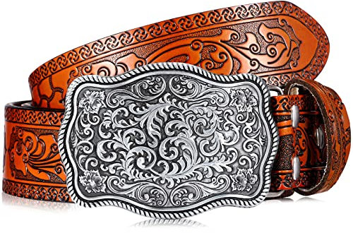 Xuniea Herren Men's Embossed Buckle Belt Western Cowboy Gürtel mit geprägter Schnalle, Camel, 112.5 cm