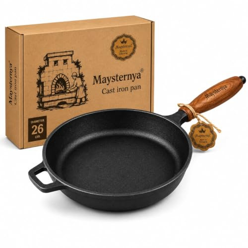 WDMT Bratpfanne aus Gusseisen – ø 26 x 6 cm – Holzgriff – Pfanne für alle Wärmequellen – Pfannen – Grillpfannen – Pfannenset – Grillzubehör – Grill – Küchengeschenk – Geschenk – Schwarz