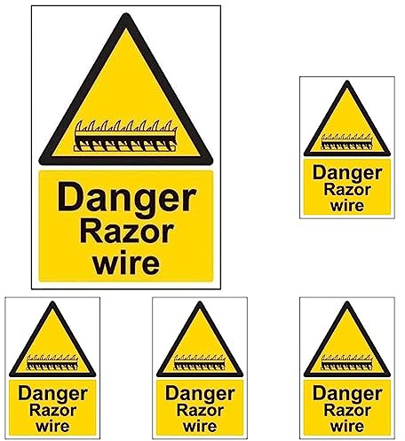 VSafety Danger Razor Wire Sign - Portrait - 200mm x 300mm - 2mm Rigid Plastic (Pack of 5)