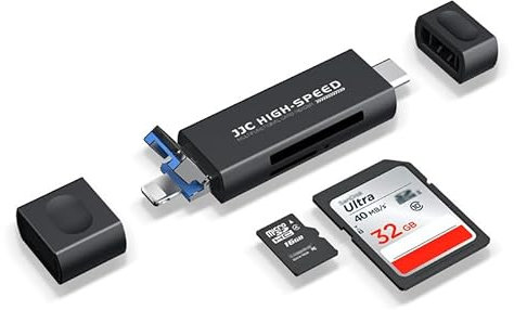 JJC Lecteur de Carte SD en métal pour iPhone, Lighting USB C 3.0 USB A 2.0 Lecteur de Cartes pour SD Micro SD TF, Adaptateur de Cartes Mémoire pour iPhone 16/15/14/13/12/11 (Noir)