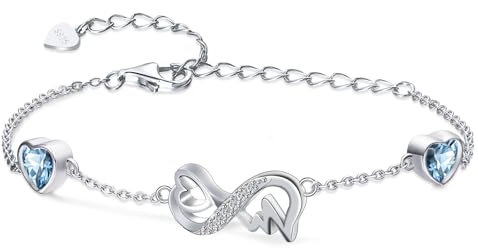 Qings Infinity Armband Damen Sterling Silber Unendlichkeit Herz März Aquamarin Geburtsstein Armbänder Verstellbar EKG Herzschlag Armreif Blau Edelstein Armkette Schmuck Geburtstagsgeschenk für Mädchen