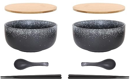 Ramen Schüssel Keramik 2 Set (8 Stück) mit Löffel Essstäbchen,1100 ML Großer Suppenschüssel,Salatschüsseln Für Suppe, Pho und Sushi Bowl (Stern schwarz 2 Set)