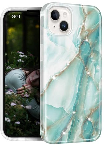 JAHOLAN Kompatibel mit iPhone 15 Hülle Sparkle Glitter Marmor Design Schützend Stoßfest Slim Drop Protection Soft Cover Handyhülle für Mädchen Frauen Männer, Jadegrün