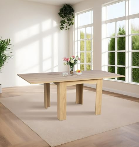 Hallowood Furniture Newquay Oak Effect Extending Flip Top Table, 80-160cm | Wooden Fold Away Folding Dining Table with 80-160cm Wide Extendable Leaves, Perfect for Home, Kitchen, Cafe and Restaurant