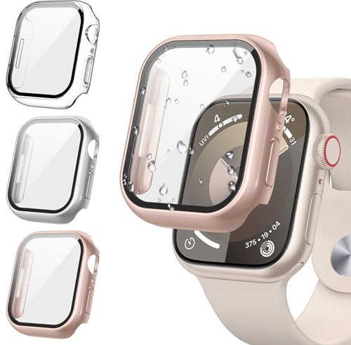 [3Pezzi] Kamita Custodia per Apple Watch Serie SE/6/5/4 44mm con Protezione Dello Schermo in Vetro Temperato, Duro PC Protezione Viso Completo Bumper Cover per iWatch 44mm (Chiaro+Argento+Oro Rosa)