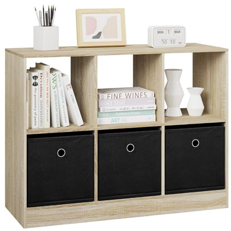 WOLTU Bibliothèque, Meuble de Rangement, Étagère avec 6 Casiers, Meuble Cube, 3 Tiroirs en Tissu, Étagère Rangement, en Bois d'Ingénierie, Chêne Clair, 80x30x60cm, SK033hei