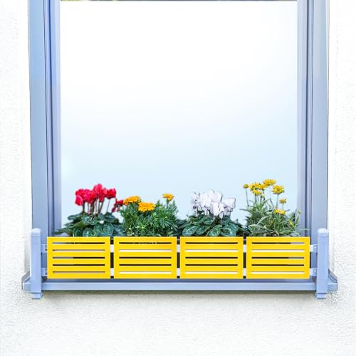 GREEN CREATIONS Masu Set base grigio, supporto per fioriera senza foratura, protezione anticaduta, protegge fioriere, erbe, decorazioni, regolabile in modo continuo, 78-140 cm (moderno, giallo)