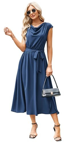 GRACE KARIN Women Casual A Line Midi Dress Cap Sleeve Cowl Neck Wedding Guest Dresses with Pockets Royal Blue XXL