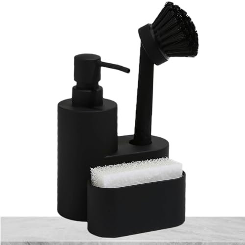 Janxin Soap Dispenser with Sponge Holder and Brush Holder, Black 3 in 1 Liquid Soap Dispenser, 3 in 1 Dish Washing Up Liquid Dispenser, Soap Dispenser Washing Sponge with Brush, 340ml