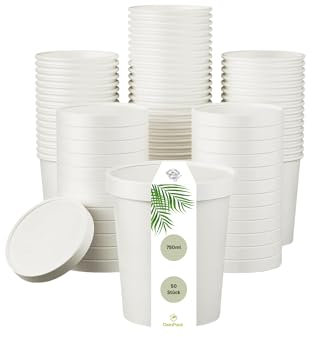 DeinPack 50 vasos para sopa de 750 ml, 26 oz, con tapa, color blanco, vasos con revestimiento interior, vasos para sopa para llevar de cartón, helados con tapa