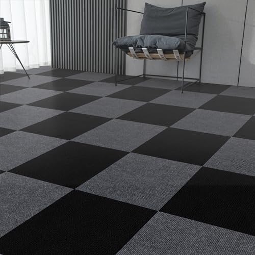 Carpet Tiles Self Adhesive Carpet Floor Tiles, Anti-Slip Flooring Rugs for Living Room Office Bedroom, Black Peel and Stick Carpet Floor 30 x 30 cm 20pcs