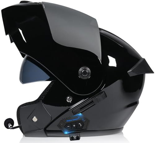 Beyswage Klapphelm mit Bluetooth Integriert, Doppel Visier, Unisex Anti-Fog-Doppelspiegel, Modularer Integralhelm, ECE 22.05 Genehmigt, Automatische Reaktion, Schwarz, Motorrad