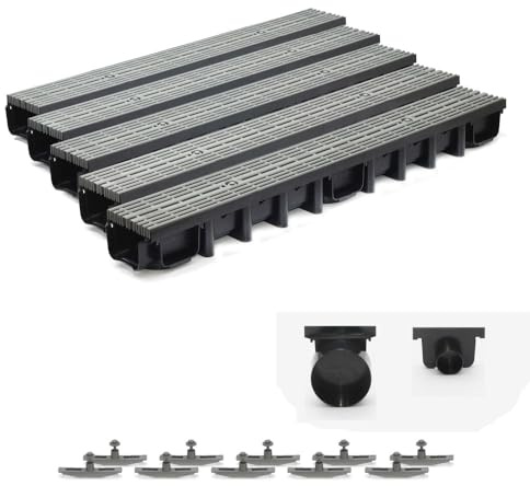 ScarMaxx - 5m Entwässerungsrinne Set - Bodenrinne - Regenwasser Ablauf - Abfluss mit Gitter - A15 Bauhöhe 98mm - Komplett Set - Längsstabrost Line Grau - 13x500x9,8cm
