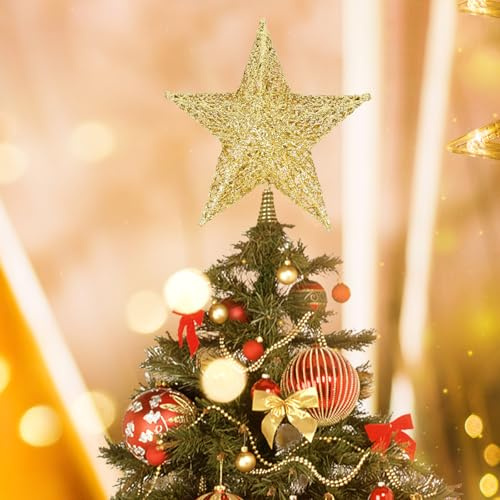 Filltown Christmas Tree Topper Star, 20 x 24cm Metal Gold Glittered Star Tree Topper, 3D Xmas Tree Star Topper for Xmas Holiday Decorations