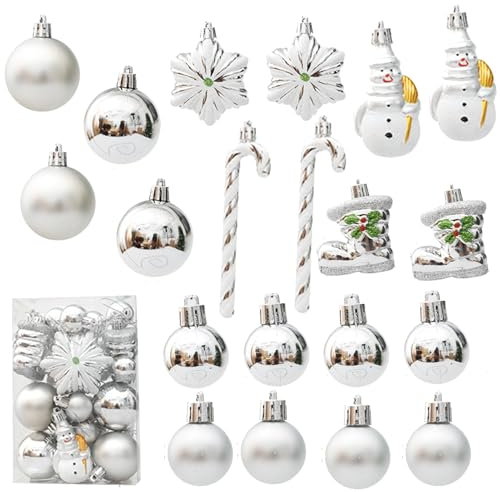 HERZONE 20pcs weihnachtsanhänger Weihnachtsbaumschmuck weihnachtskugeln, zuckerstangen,Sterne,schneemann und Weihnachtsstiefel für Weihnachtsbaum (B-Silber)