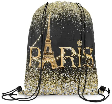 Homewish Eiffelturm Kordelzug Rucksack, Aquarell Schwarz Goldene Paris Kordelzug Taschen, (Nicht Real) Bling Bling Draw String Back Bag Sparkles Diamant String Rucksack
