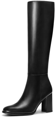 Lumeheel Black Knee High Boots for Women - Round Toe Chunky Heel Boots with Side Zip, Fashion Tall Boots for Fall Winter, Size 8