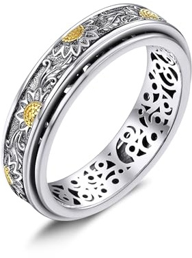 HUKKUN Anillo giratorio de girasol de plata de ley con flores para aliviar el estrés para mujeres, regalo para mujeres