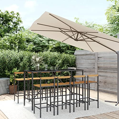 Gartenmöbel-Set, 9-teilig, Schwarz, Polyrattan und Akazienholz