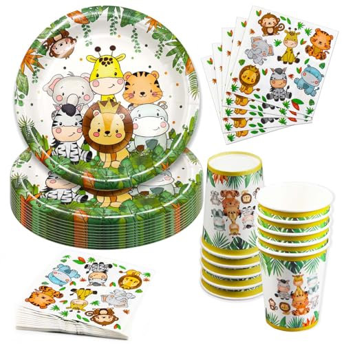 Hmfmdy Lot de 40 vaisselle de fête au thème animaux de la jungle - Décoration de fête d'anniversaire - Avec assiettes en carton - Gobelets et serviettes - Pour 10 invités