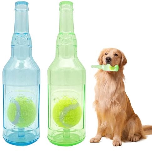 XPJBKC 2 Pcs Dog Squeaky Toy, Interactive Dog Chew Toys, Bottle Shape Dog Toys with Dog Tennis Balls, Indoor and Outdoor Dog Bottle Toy for Small and Medium Dogs (Blue + Green)