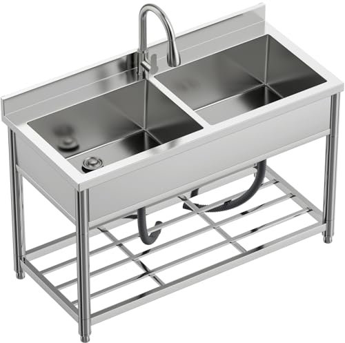 Fregadero de Acero Inoxidable Independiente, Fregadero de Cocina Comercial 2 Cuencos, Fregadero de Restaurante Industrial, Fregadero al Aire Libre, Fregadero Práctico de Jardín Garaje 55 x 120 x 94 cm