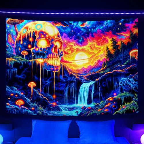 MDUKOIN Schwarzlicht-Wandteppich mit Totenkopf-Motiv, Gothic-Skelett, Pilz, Wasserfall, Baumkunst, Wandteppiche für Herren, Schlafzimmer, UV-reagierend, Schwarzlicht-Wandteppiche für Zuhause,