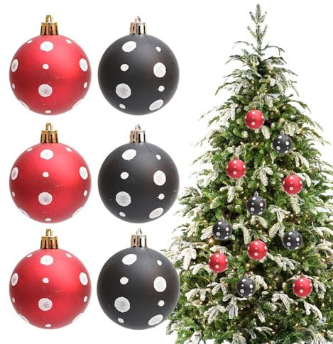 Setauoo Rote Weihnachtskugeln, Christbaumkugeln | 6X Rot Schwarz Weiß Weihnachtsornament Set Halloween Baumschmuck | 6 cm/2,36 Zoll glitzernde dekorative Hängeornamente für Hochzeitsfeiern und