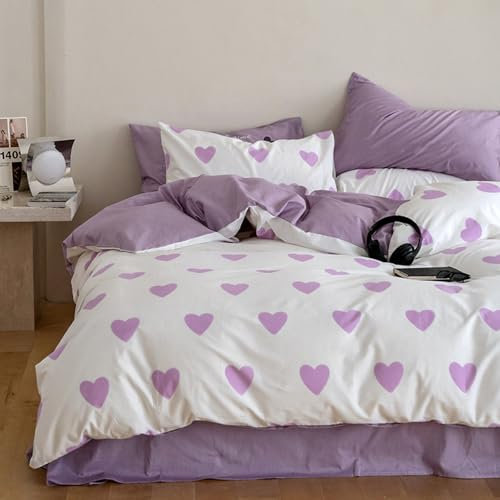 Nyescasa Housse de Couette 220x240 Cœur Violet Blanc Romantique Réversible Parure de lit Adulte 2 Personnes en Microfibre Set de Housse de Couette avec Fermeture Éclair et 2 Taies d'oreiller 65x65 cm