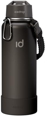 IceDrop® XXL Thermo Trinkflasche Edelstahl [1L] für eiskalte & heiße Getränke I 100% auslaufsicher & Kohlensäure geeignet I Isolierflasche mit 2 Deckeln I Edelstahl Trinkflasche - Schwarz