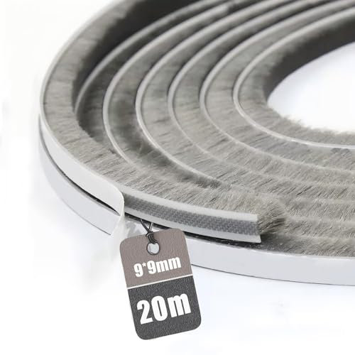 Vingspina Junta de Cepillo Autoadhesiva 20M(L) x 9mm(W) x 9mm(D), Burlete Cepillo para Puerta Corredera Ventana y Persiana, Burlete para Aislamiento Viento Frío, Ruido y Polvo, Gris