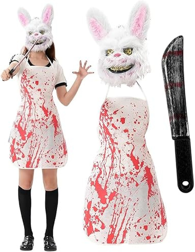 TISMHGKU Set Halloween Maschera Coniglio Sanguinosa con Grembiule Macchiato di Sangue e Coltello Finto, Costume Horror per Festa, Cosplay, Carnevale, Maschera Spaventosa per Halloween Uomo Donna