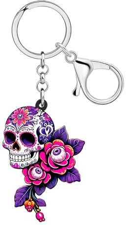LONYOO Porte-clés Fleur de Rose et Crane Accessoires Halloween | Cadeau en Acrylique sur le thème des Crane de Sucre Effrayants pour Femme Fille Sacs Porte-monnaie et Breloques pour Clés