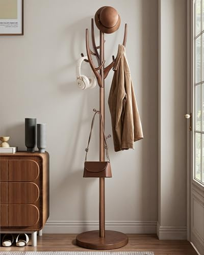 Bekrvio Porte-manteau en bois réglable en hauteur - 100 % bois massif - Avec 12 crochets - Pour vestes, chapeaux, vestes - En forme d'arbre - Pour couloir, chambre à coucher, salon