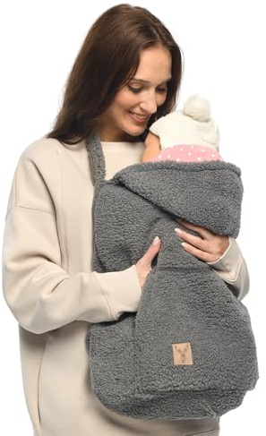 MijaCulture Tragecover M025 TEDDY – Universaler Bezug für Babytrage, Tragetuch & Cape, Warmes Cover für Babys (Grau/Rosa)