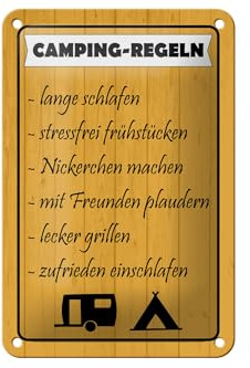 Femer Blechschild Camping 12x18 cm Regeln Lange schlafen stressfrei Deko Schild