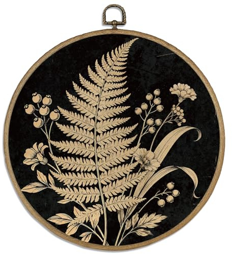 DELORIGIN Fern Leaves Round Framed Wall Art Decor 10 Retro Wildflowers Wall Hanging Canvas Prints Art Canvas Circle Frame Artwork Print for Walls Farmhouse Sculptures Bedroom Living Room Porch