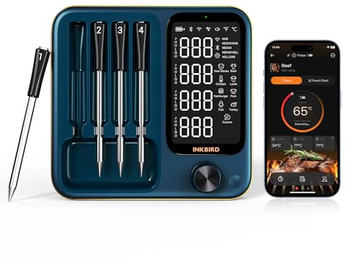 Inkbird INT-14S-BW Fleischthermometer kabellos, Grillthermometer WIFI 5G und Bluetooth 5.4 mit 4 Sonden & 5 Sensoren, unbegrenzte WLAN-Reichweite Bratenthermometer für Grill Backofen Ofen Smoker
