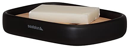 Sealskin Mind Seifenschale, Seifenablage aus Zement, mit herausnehmbarem Einsatz aus Holz, Farbe: Schwarz, B x H x T: 130 x 25 x 90 mm