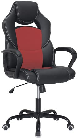 SONGMICS Silla de Oficina, Silla Gaming Ergonómica, Mecanismo de Inclinación, Altura Ajustable, Silla de Escritorio Transpirable, Negro y Rojo OBG025R01