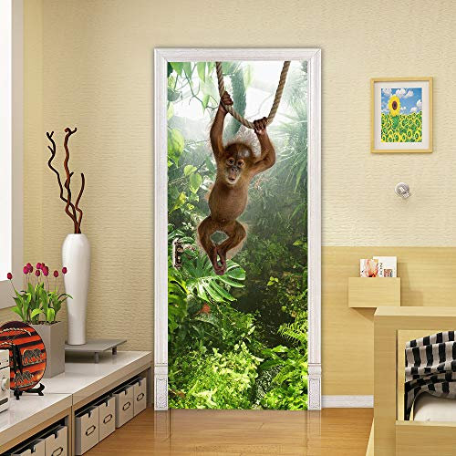 Türtapete Selbstklebend TürPoster 3D Türbild - Wald Affe - Türfolie Fototapete PREMIUM PVC Wasserfest Türaufkleber Wandtattoo Für Schlafzimmer Wohnzimmer Tür Dekoration Stickers 77 x 200 cm