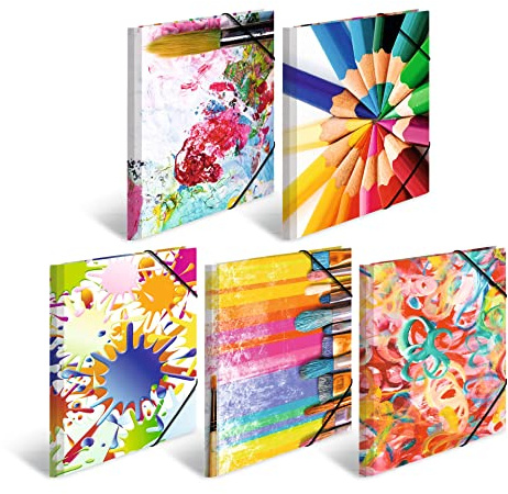 HERMA Sammelmappen A4 Kunst Set, 10 Stück, Kinder Eckspanner-Mappen aus Pappe mit Design Motiv, Gummizug, Innenklappen und Innendruck für Jungen und Mädchen