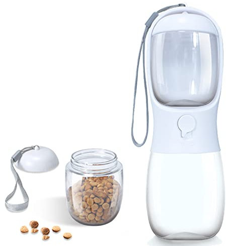 Tragbare Hunde Wasserflasche, 300ml Hund Wasserspender mit 100ml Futterbehälter, Hund Trinknapf für Haustiere Welpen Katze, Auslaufsichere Hund Wasserflaschen für Spaziergänge Wandern Reisen (Weiß)